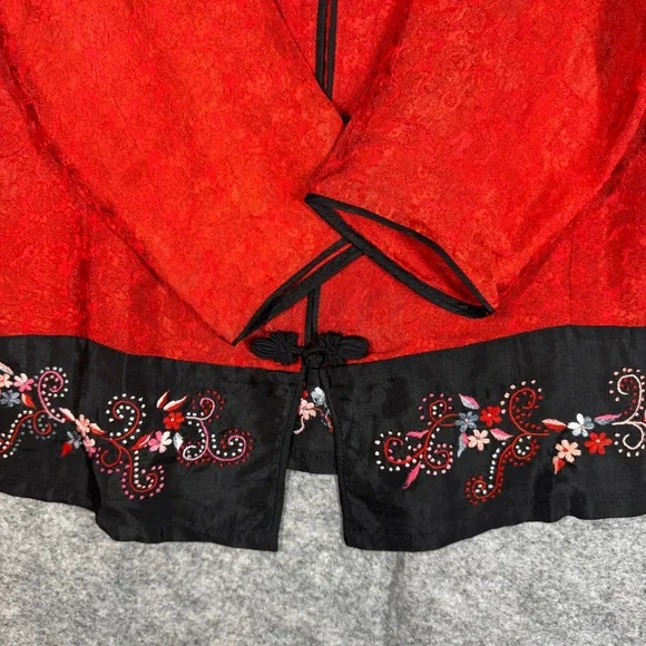 Asian Inspired 100% Silk Red Top Embroidered Hem XXL Festival Lightweight Chic - Picture 7 of 16